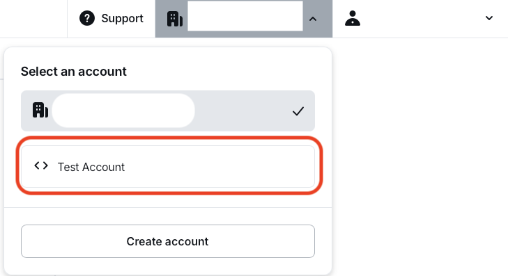 A screenshot of the account selection dropdown in the SumUp dashboard with the sandbox merchant account highlighted with red circle